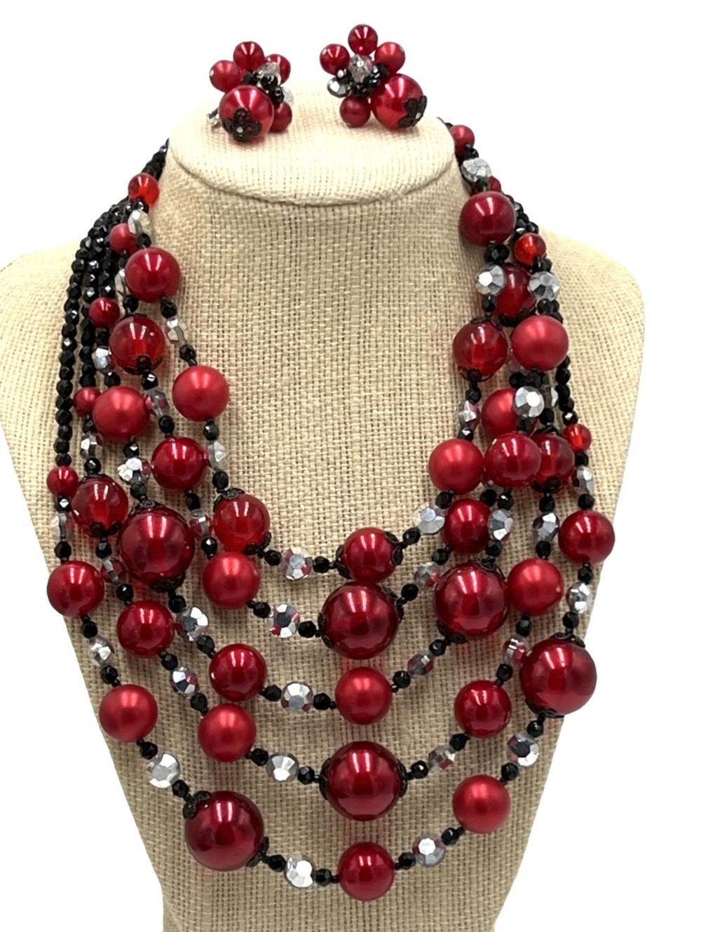 Vintage Vendome Five Strand Red Black Necklace Earrings Set